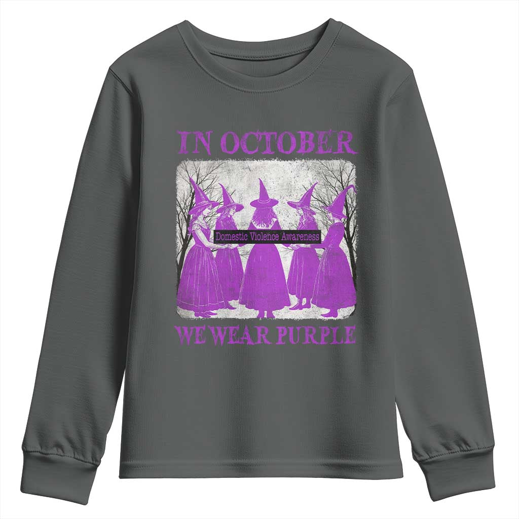 Retro In October We Wear Purple Witch Domestic Violence Awareness Youth Sweatshirt TS10 Dark Heather Print Your Wear