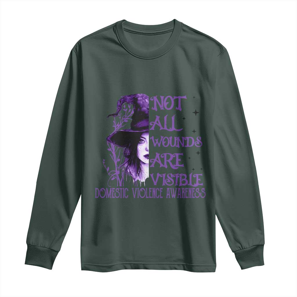 Stop Domestic Violence Long Sleeve Shirt Purple Ribbon Witch Graphic Witchy Feminist TS10 Dark Forest Green Print Your Wear