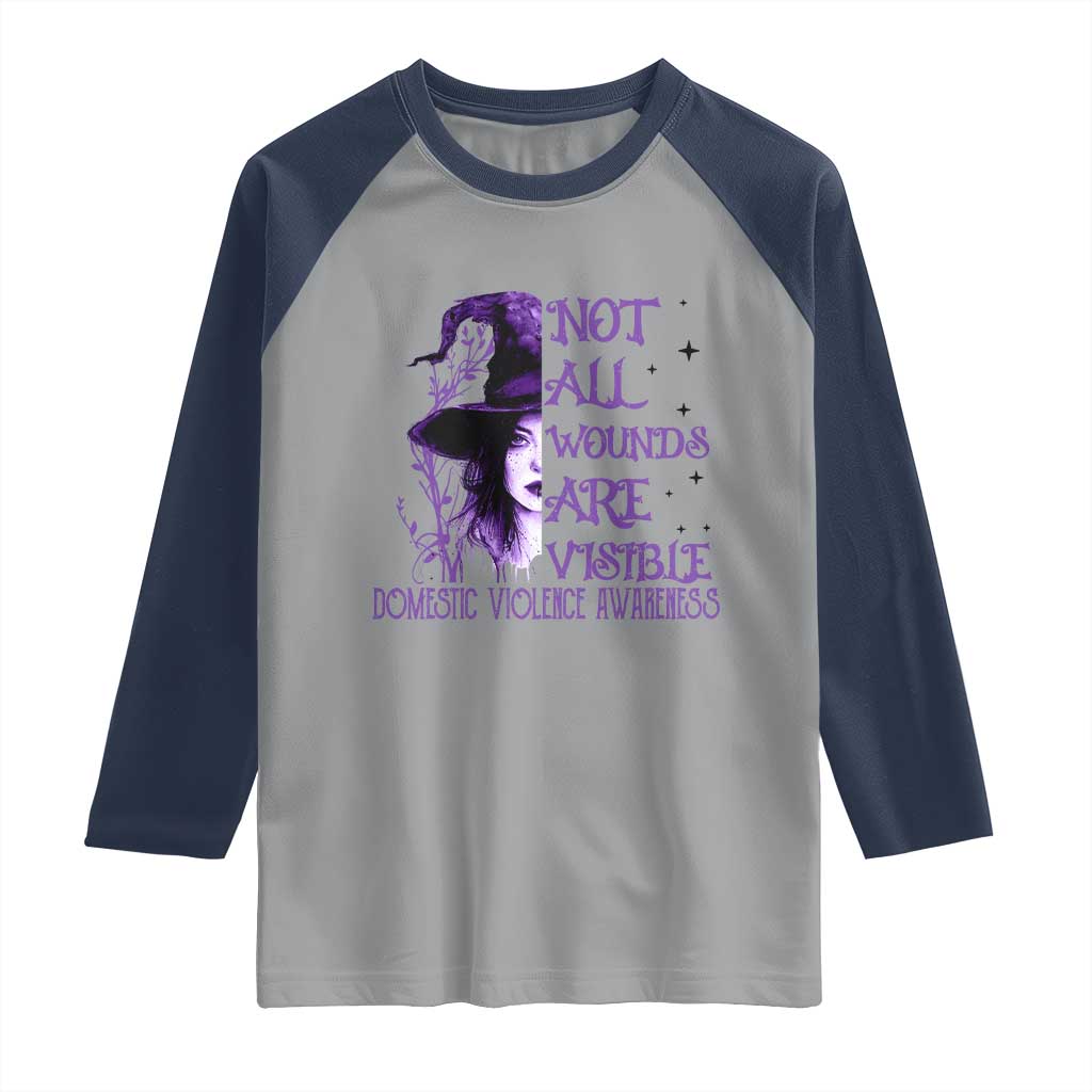 Stop Domestic Violence Raglan Shirt Purple Ribbon Witch Graphic Witchy Feminist TS10 Sport Gray Navy Print Your Wear