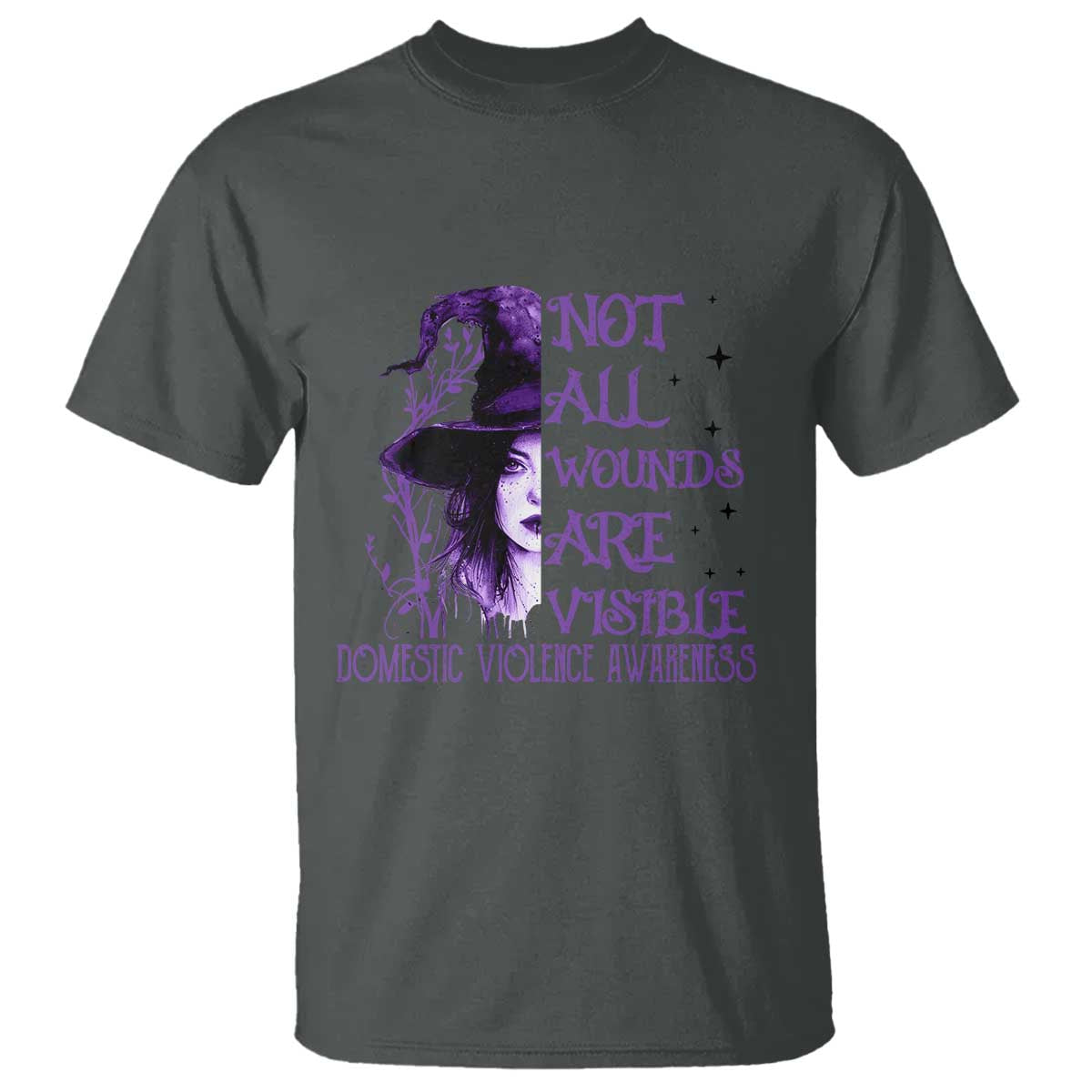 Stop Domestic Violence T Shirt Purple Ribbon Witch Graphic Witchy Feminist TS10 Dark Heather Print Your Wear