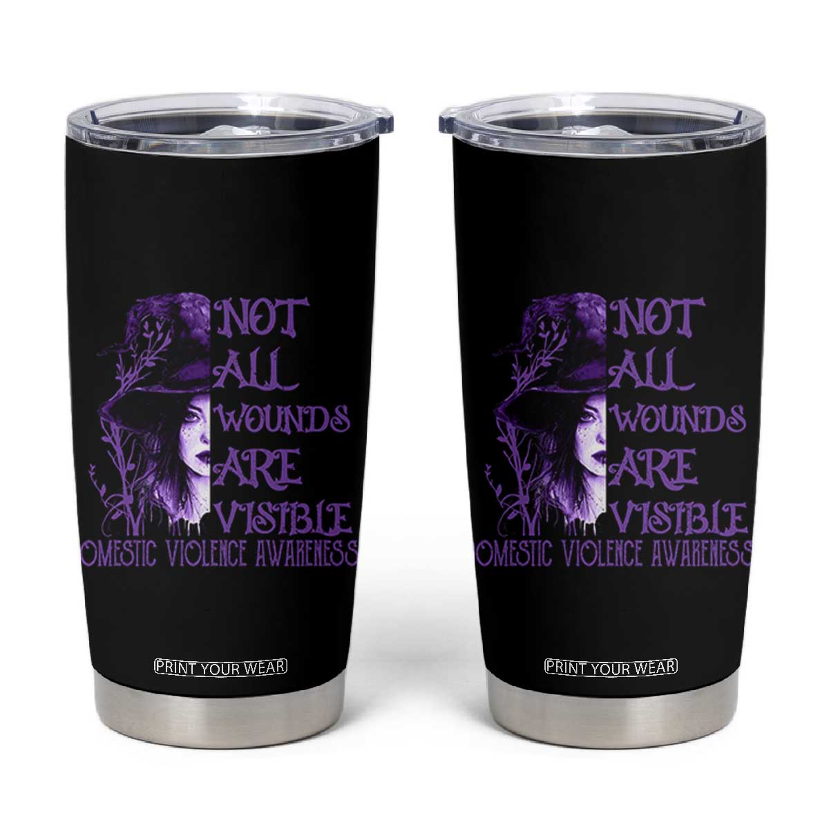 Stop Domestic Violence Tumbler Cup Purple Ribbon Witch Graphic Witchy Feminist TS10 Black Print Your Wear