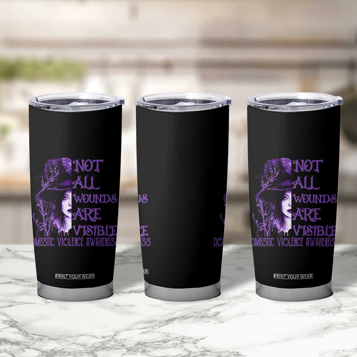 Stop Domestic Violence Tumbler Cup Purple Ribbon Witch Graphic Witchy Feminist TS10 Print Your Wear
