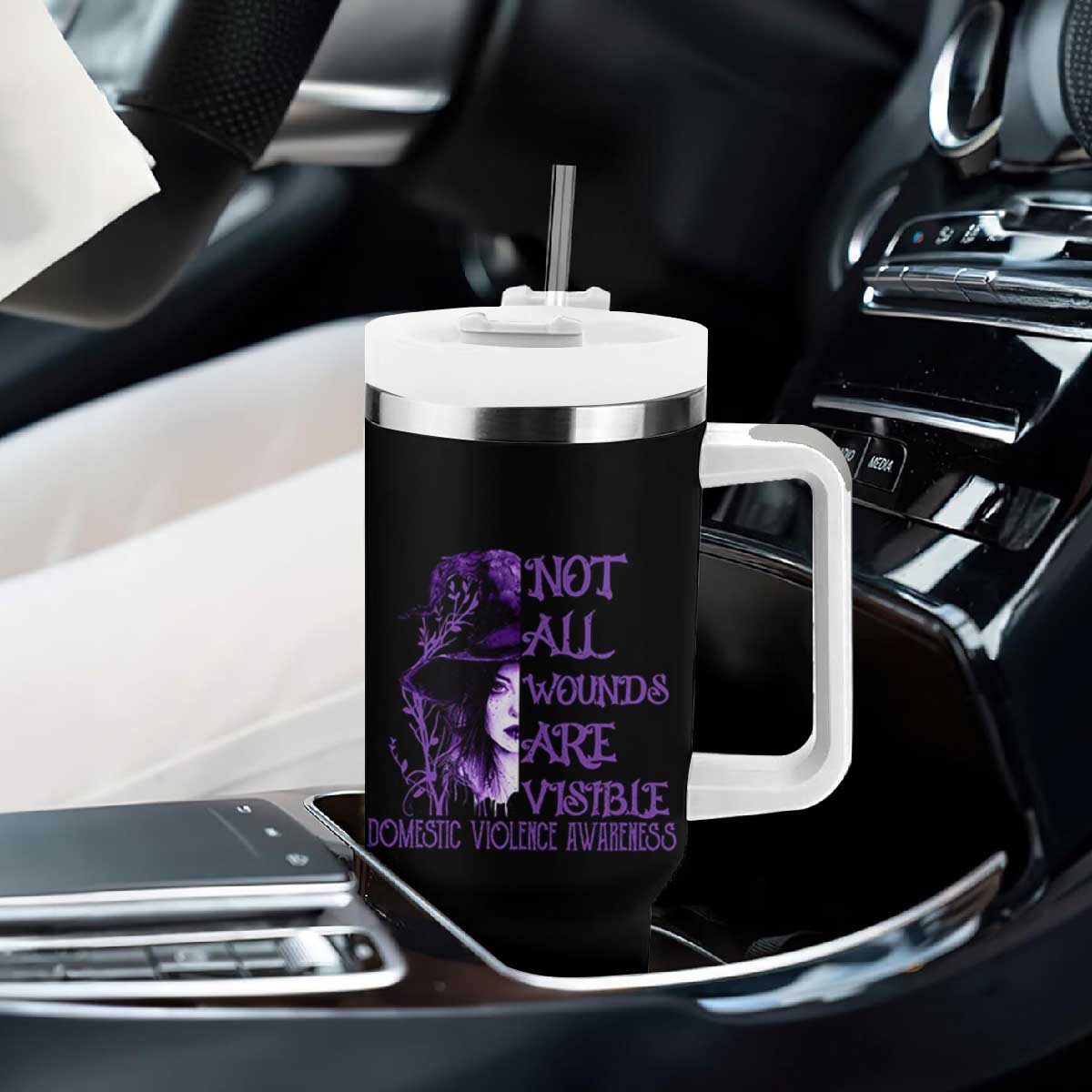 Stop Domestic Violence Tumbler With Handle Purple Ribbon Witch Graphic Witchy Feminist TS10 Print Your Wear