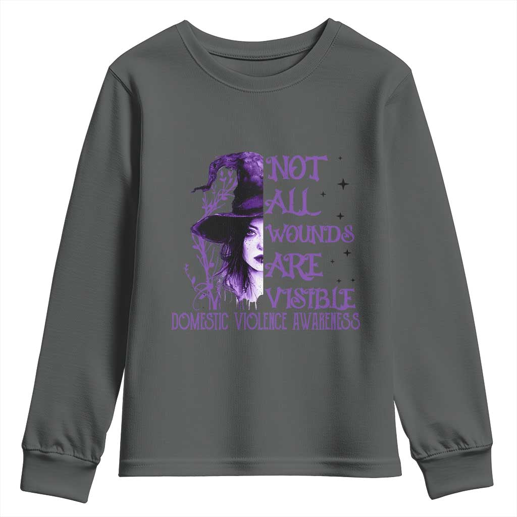 Stop Domestic Violence Youth Sweatshirt Purple Ribbon Witch Graphic Witchy Feminist TS10 Dark Heather Print Your Wear