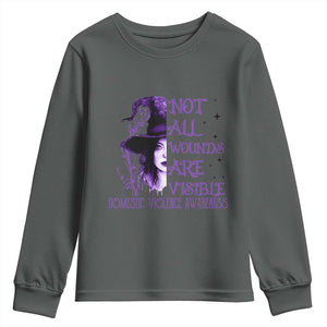 Stop Domestic Violence Youth Sweatshirt Purple Ribbon Witch Graphic Witchy Feminist TS10 Dark Heather Print Your Wear