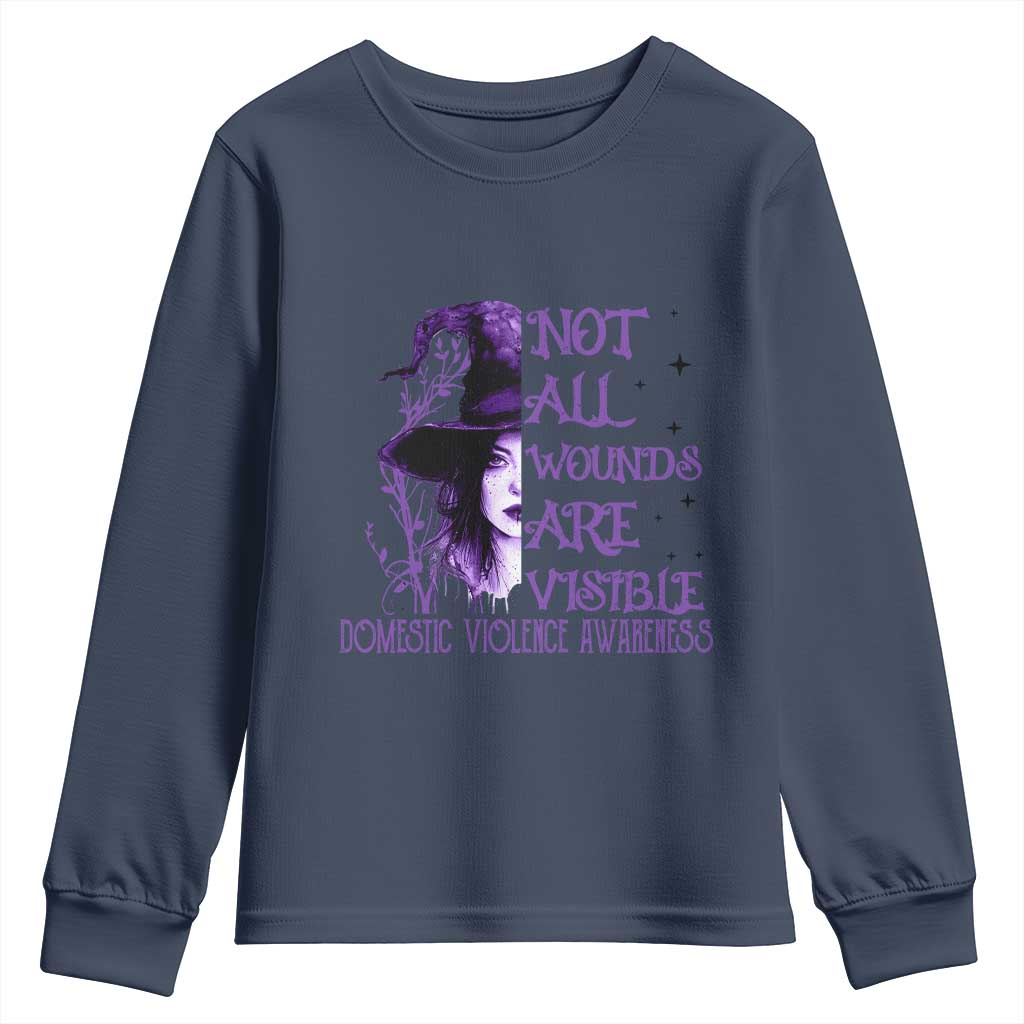 Stop Domestic Violence Youth Sweatshirt Purple Ribbon Witch Graphic Witchy Feminist TS10 Navy Print Your Wear