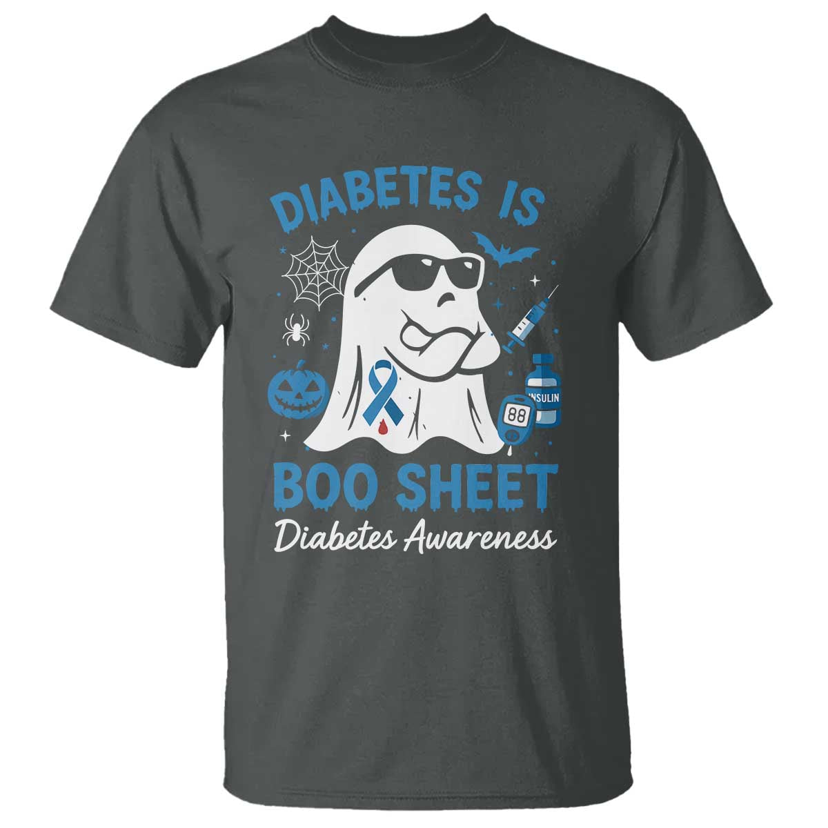 Diabetes is Boo Sheet T Shirt Funny Halloween Ghost Diabetes Type 1 2 Awareness TS10 Dark Heather Print Your Wear