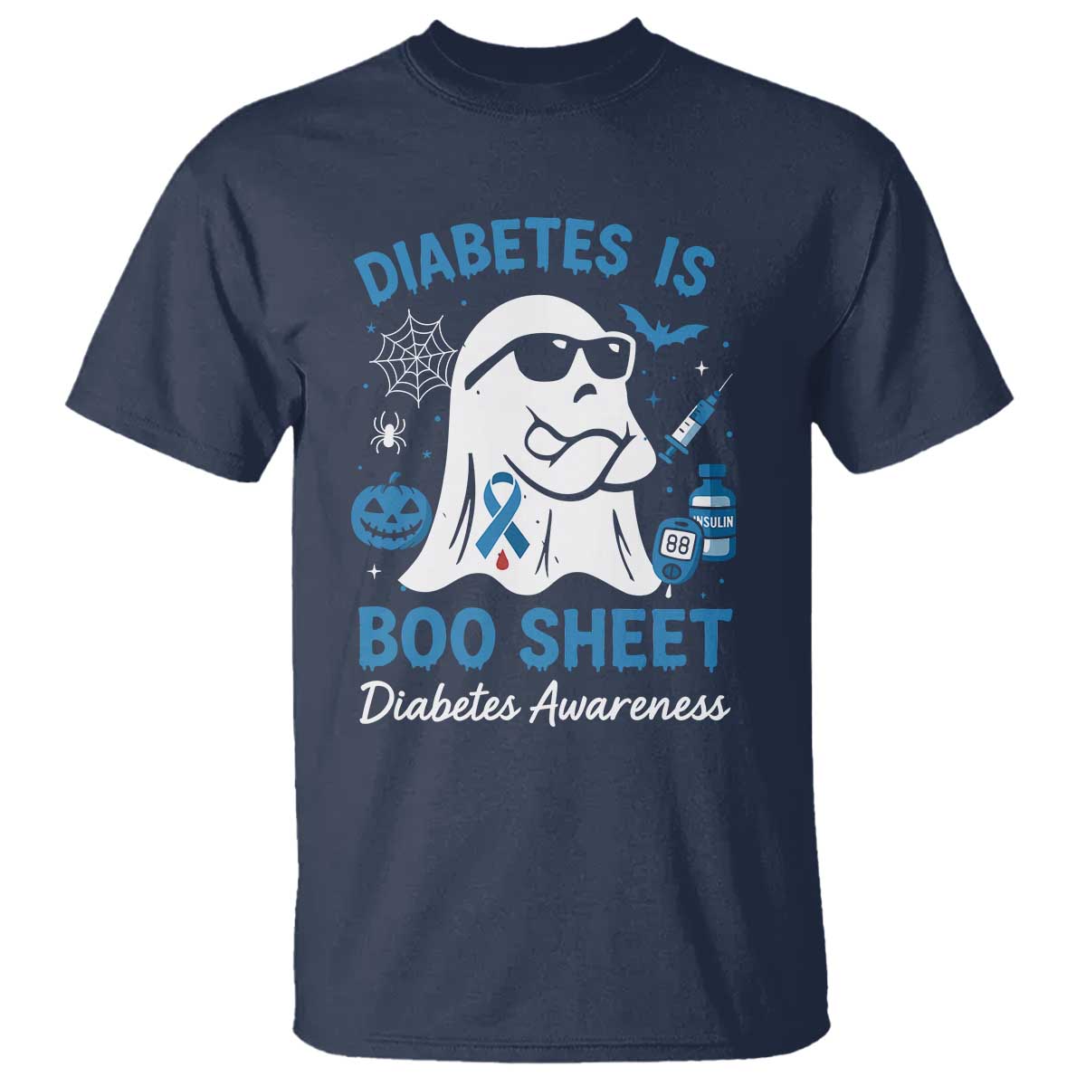 Diabetes is Boo Sheet T Shirt Funny Halloween Ghost Diabetes Type 1 2 Awareness TS10 Navy Print Your Wear