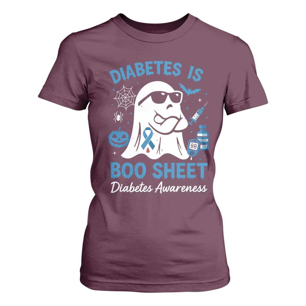Diabetes is Boo Sheet T Shirt For Women Funny Halloween Ghost Diabetes Type 1 2 Awareness TS10 Maroon Print Your Wear