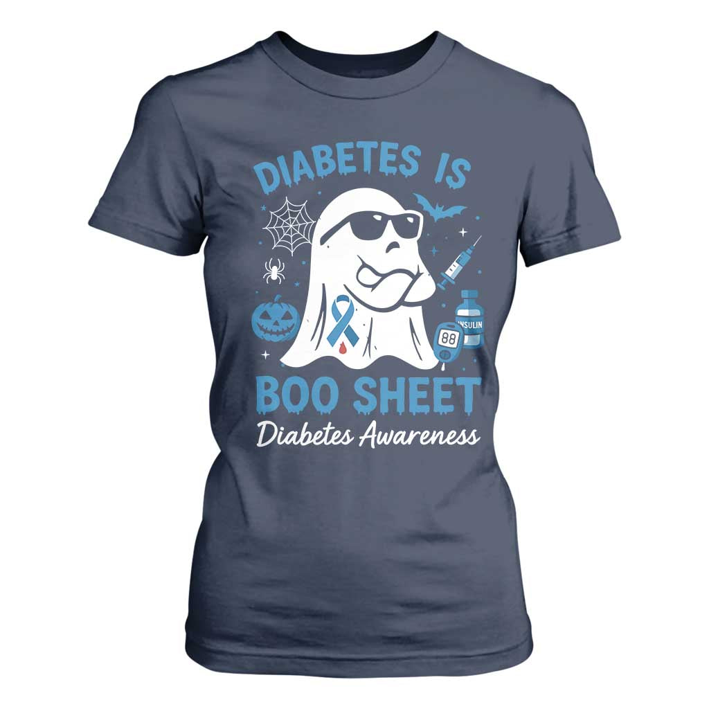 Diabetes is Boo Sheet T Shirt For Women Funny Halloween Ghost Diabetes Type 1 2 Awareness TS10 Navy Print Your Wear
