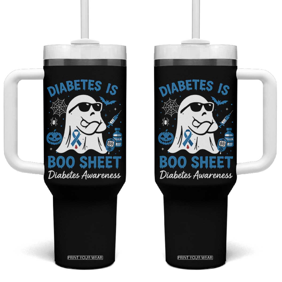 Diabetes is Boo Sheet Tumbler With Handle Funny Halloween Ghost Diabetes Type 1 2 Awareness TS10 One Size: 40 oz Black Print Your Wear