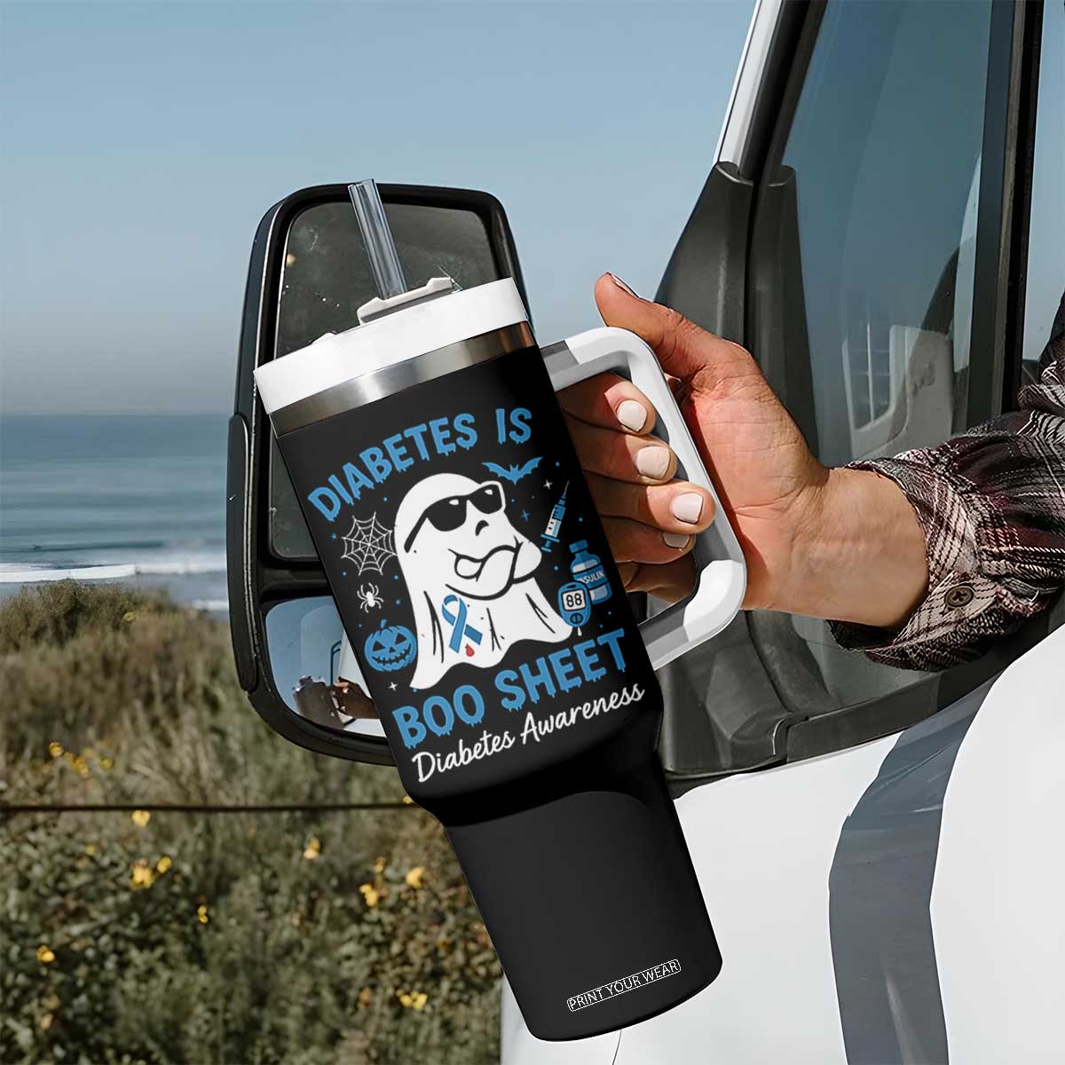 Diabetes is Boo Sheet Tumbler With Handle Funny Halloween Ghost Diabetes Type 1 2 Awareness TS10 Print Your Wear