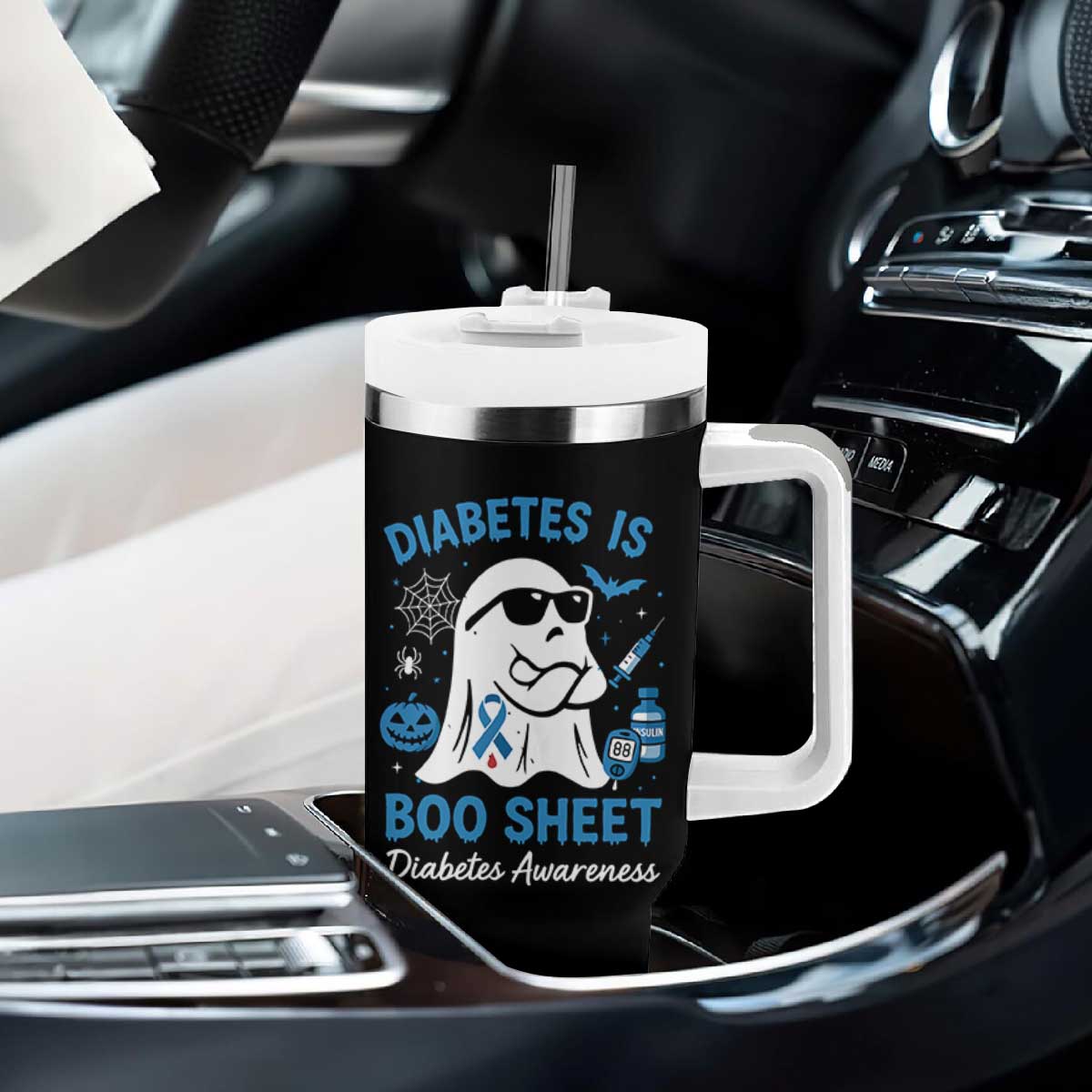 Diabetes is Boo Sheet Tumbler With Handle Funny Halloween Ghost Diabetes Type 1 2 Awareness TS10 Print Your Wear