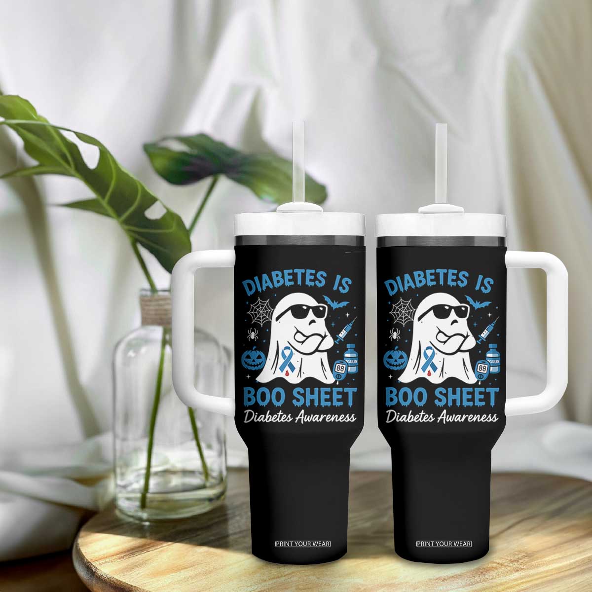 Diabetes is Boo Sheet Tumbler With Handle Funny Halloween Ghost Diabetes Type 1 2 Awareness TS10 Print Your Wear