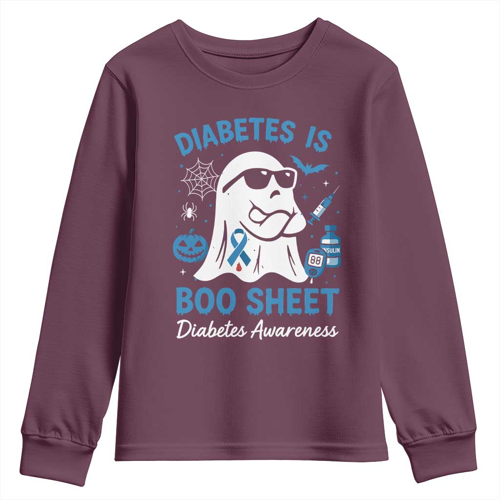 Diabetes is Boo Sheet Youth Sweatshirt Funny Halloween Ghost Diabetes Type 1 2 Awareness TS10 Maroon Print Your Wear
