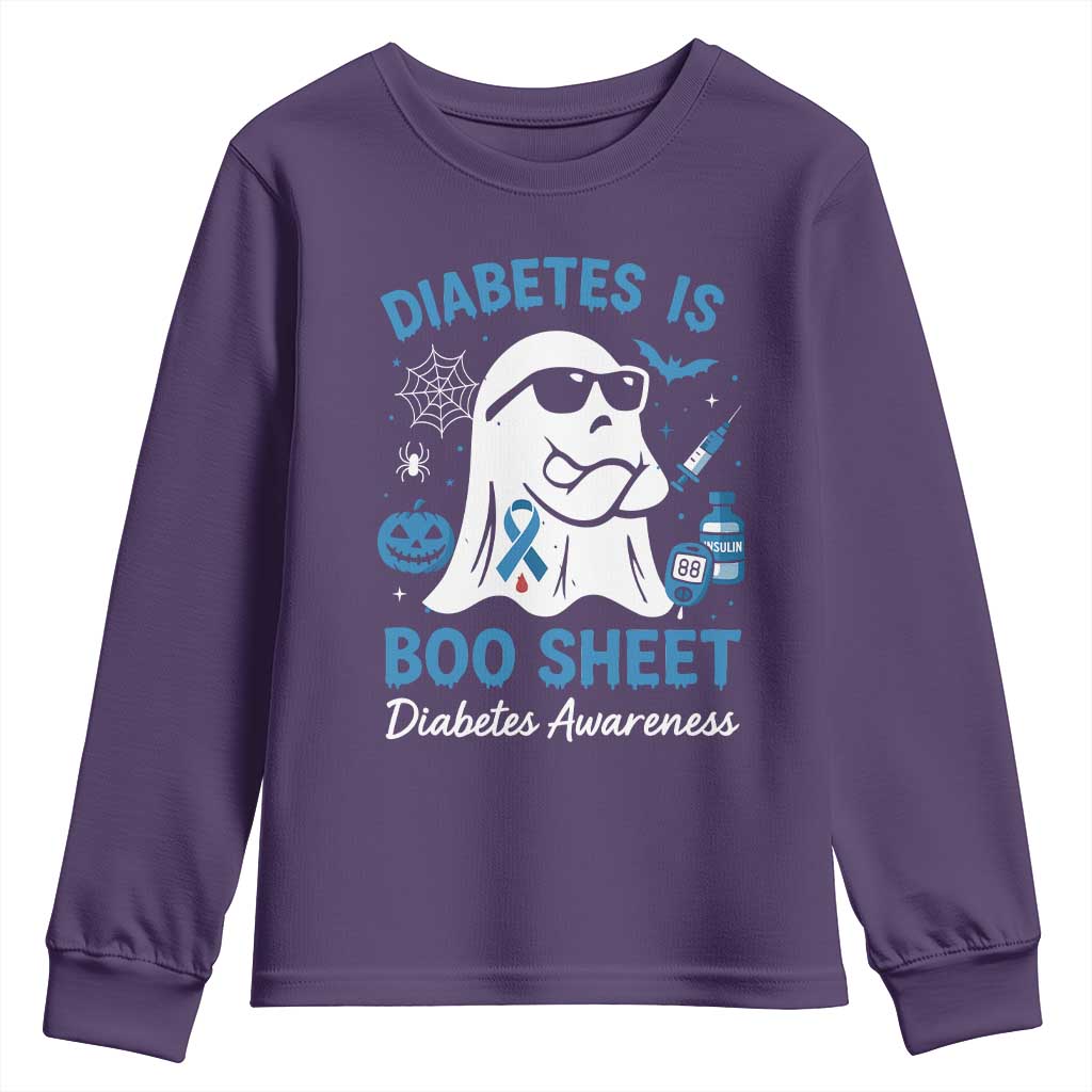 Diabetes is Boo Sheet Youth Sweatshirt Funny Halloween Ghost Diabetes Type 1 2 Awareness TS10 Purple Print Your Wear