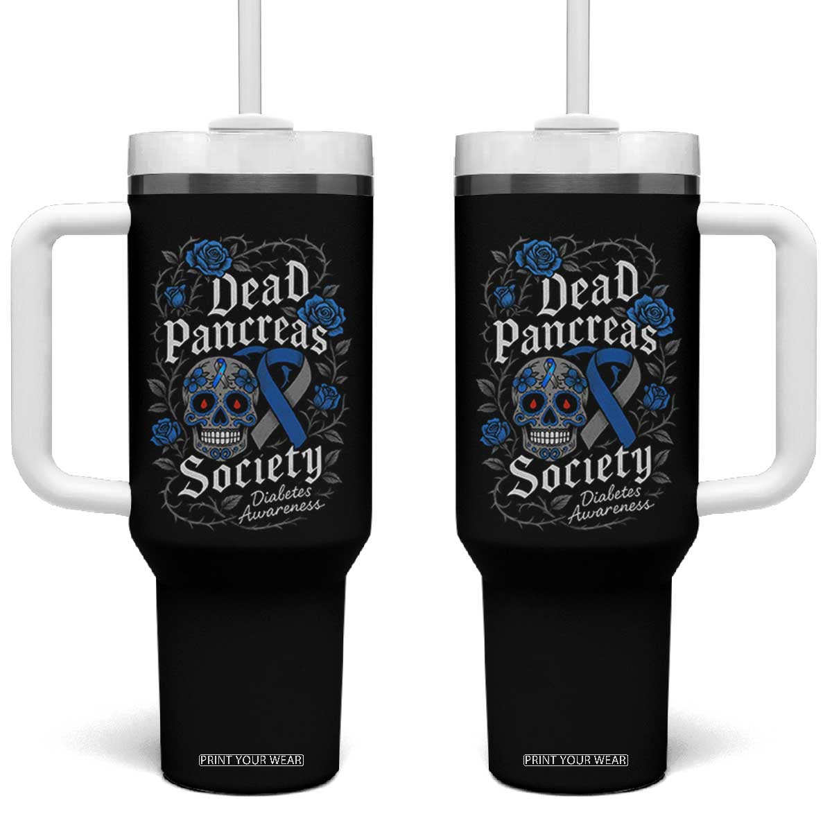 Funny Diabetes Type 1 Awareness Tumbler With Handle Dead Pancreas Society Sugar Skull - Print Your Wear