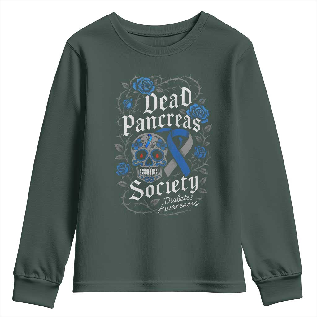 Funny Diabetes Type 1 Awareness Youth Sweatshirt Dead Pancreas Society Sugar Skull TS10 Dark Forest Green Print Your Wear