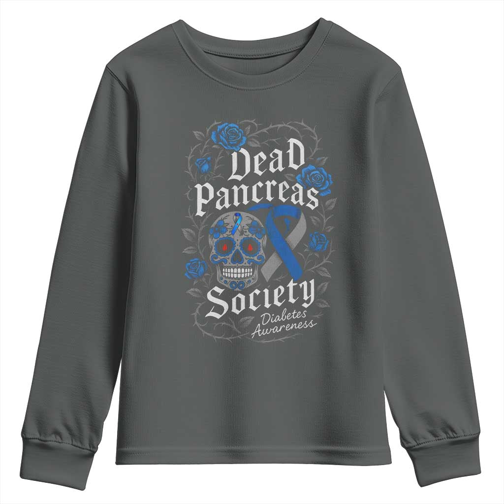 Funny Diabetes Type 1 Awareness Youth Sweatshirt Dead Pancreas Society Sugar Skull TS10 Dark Heather Print Your Wear