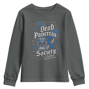 Funny Diabetes Type 1 Awareness Youth Sweatshirt Dead Pancreas Society Sugar Skull TS10 Dark Heather Print Your Wear