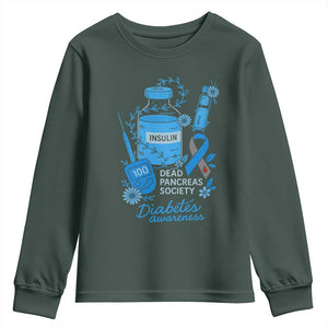 Dead Pancreas Society Youth Sweatshirt Funny Diabetes Awareness Insulin T1D Support TS10 Dark Forest Green Print Your Wear