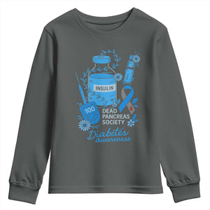 Dead Pancreas Society Youth Sweatshirt Funny Diabetes Awareness Insulin T1D Support TS10 Dark Heather Print Your Wear