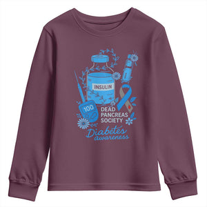 Dead Pancreas Society Youth Sweatshirt Funny Diabetes Awareness Insulin T1D Support TS10 Maroon Print Your Wear