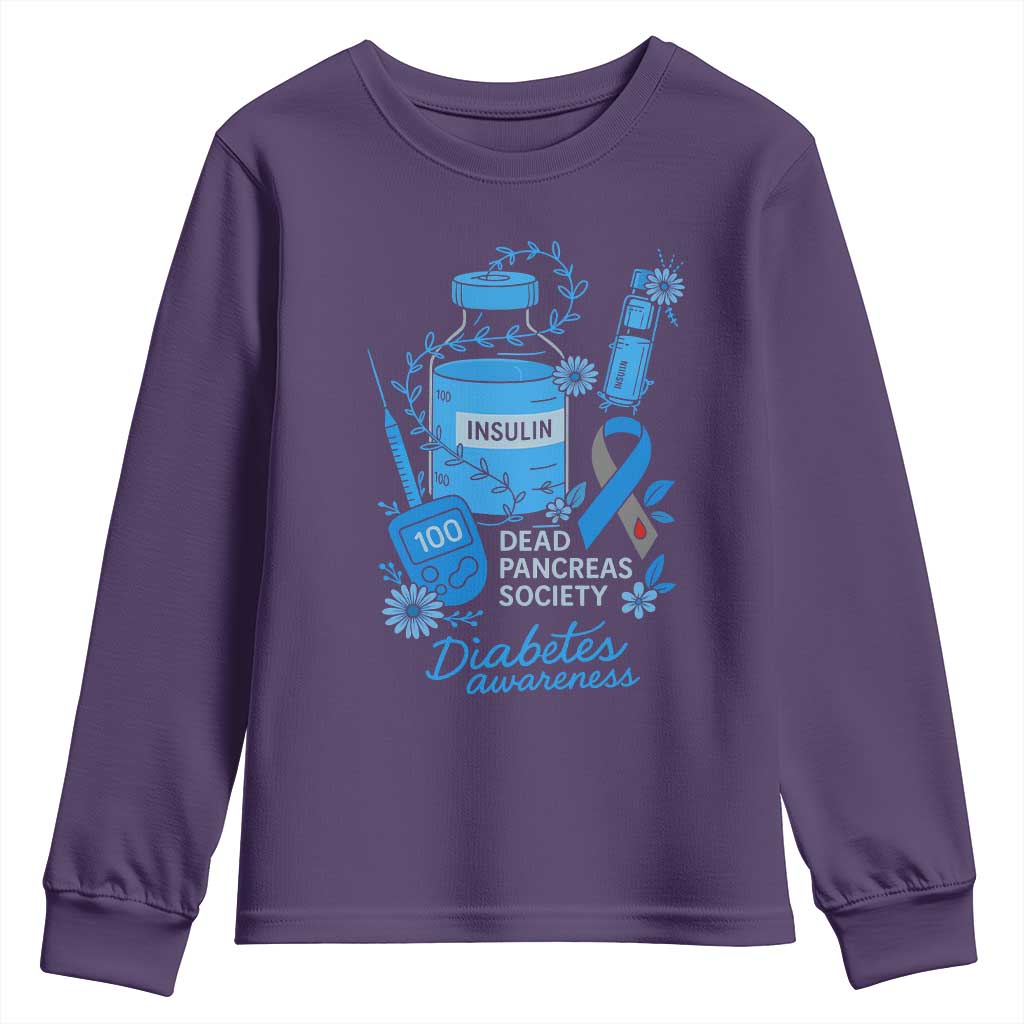 Dead Pancreas Society Youth Sweatshirt Funny Diabetes Awareness Insulin T1D Support TS10 Purple Print Your Wear