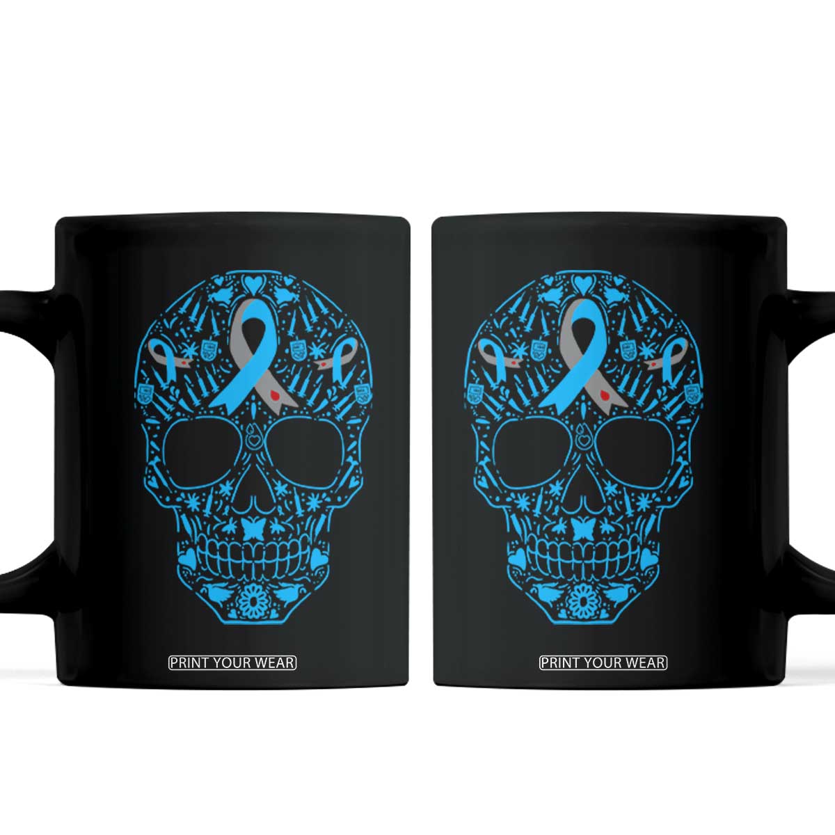 Diabetes Awareness Skull Coffee Mug Blue Ribbon T1D Support Sugar Skull TS10 Black Print Your Wear