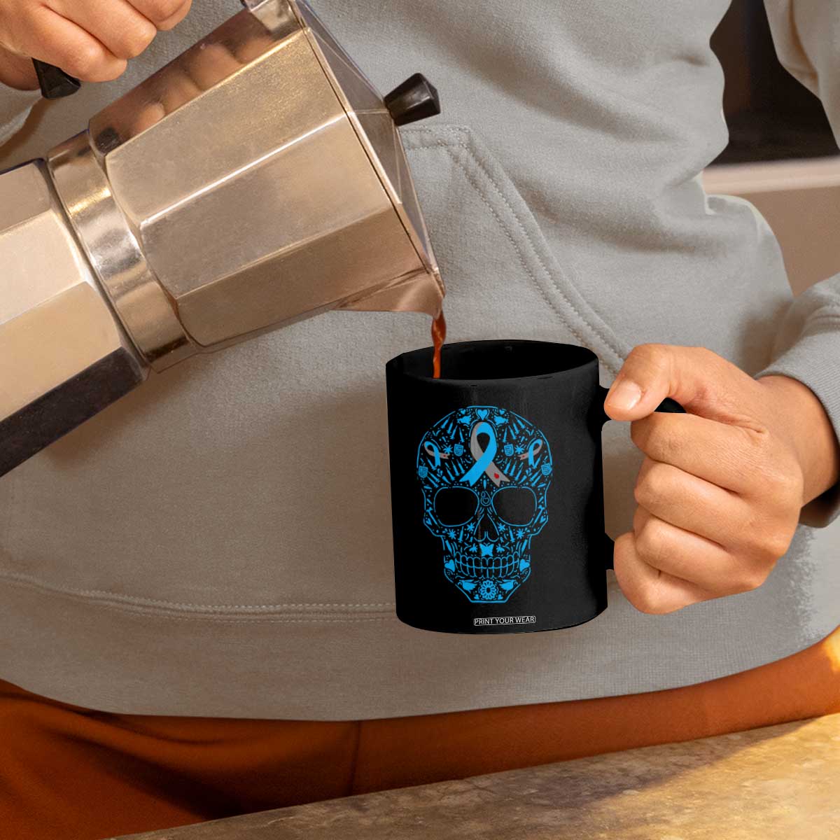 Diabetes Awareness Skull Coffee Mug Blue Ribbon T1D Support Sugar Skull TS10 Print Your Wear