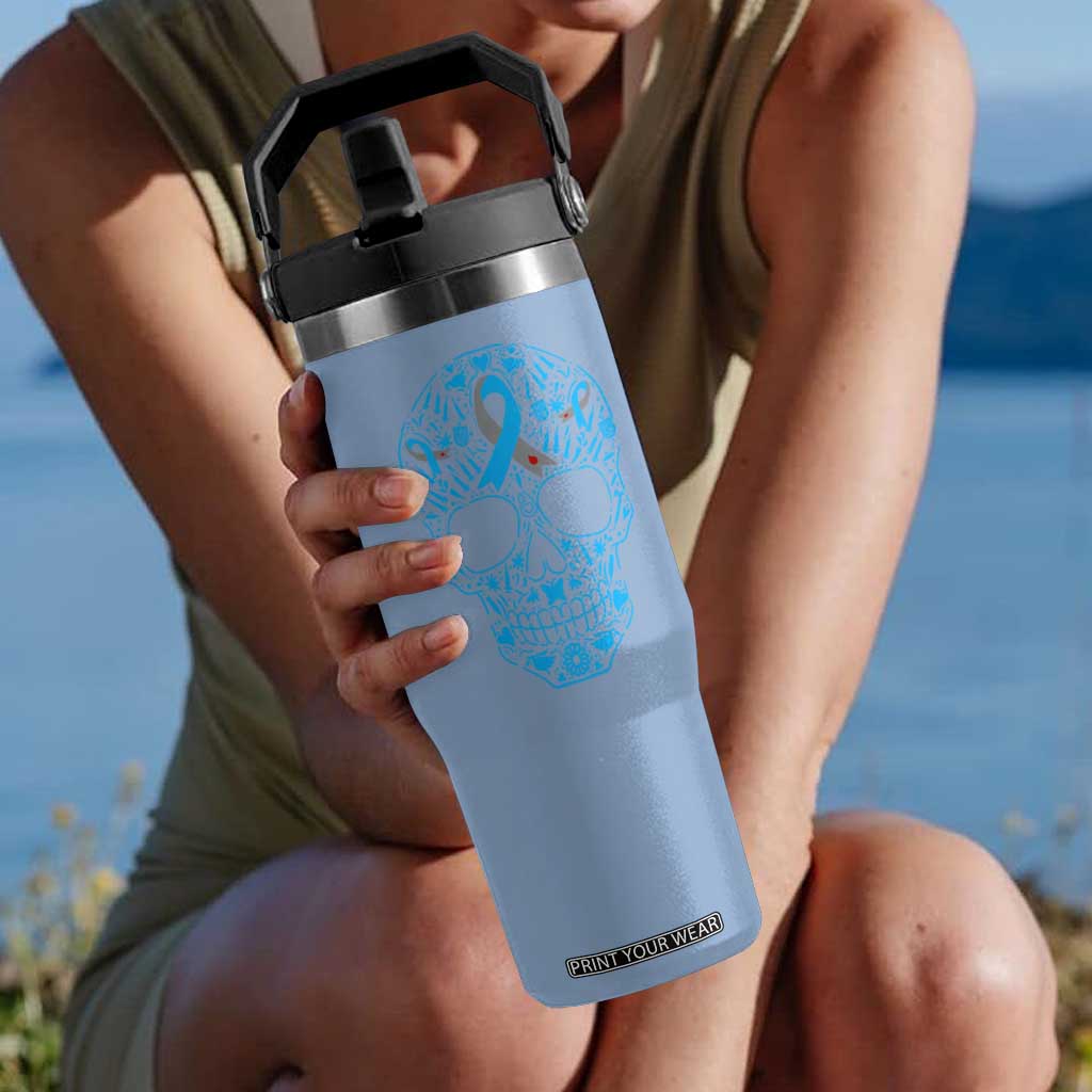Diabetes Awareness Skull Flip Straw Tumbler Blue Ribbon T1D Support Sugar Skull TS10 One Size: 30 oz Light Blue Print Your Wear