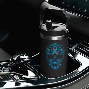 Diabetes Awareness Skull Flip Straw Tumbler Blue Ribbon T1D Support Sugar Skull TS10 Print Your Wear