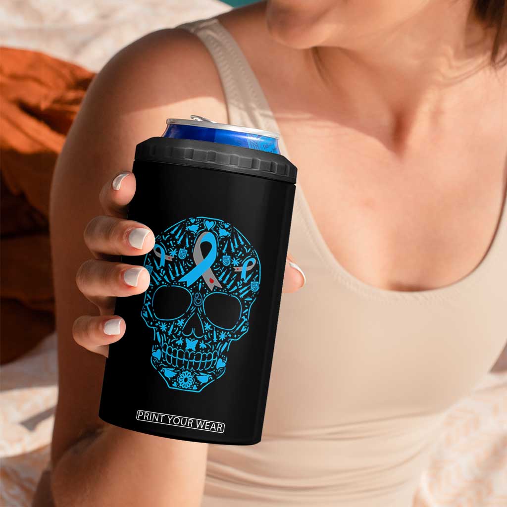 Diabetes Awareness Skull 4 in 1 Can Cooler Tumbler Blue Ribbon T1D Support Sugar Skull TS10 Print Your Wear