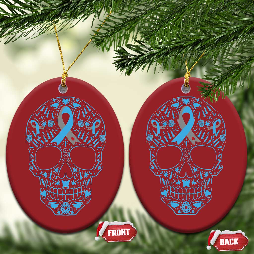 Diabetes Awareness Skull Christmas Ornament Blue Ribbon T1D Support Sugar Skull TS10 Oval Red Print Your Wear