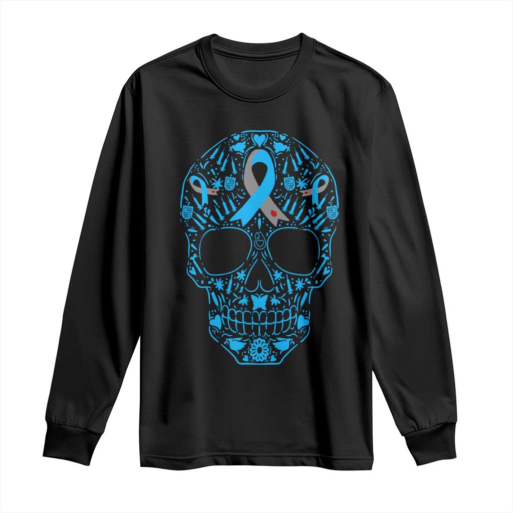 Diabetes Awareness Skull Long Sleeve Shirt Blue Ribbon T1D Support Sugar Skull TS10 Black Print Your Wear