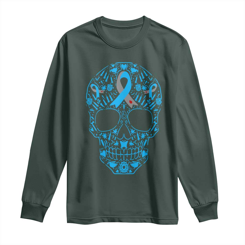 Diabetes Awareness Skull Long Sleeve Shirt Blue Ribbon T1D Support Sugar Skull TS10 Dark Forest Green Print Your Wear