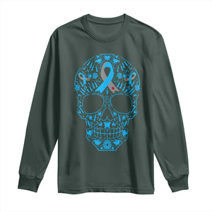 Diabetes Awareness Skull Long Sleeve Shirt Blue Ribbon T1D Support Sugar Skull TS10 Dark Forest Green Print Your Wear