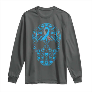 Diabetes Awareness Skull Long Sleeve Shirt Blue Ribbon T1D Support Sugar Skull TS10 Dark Heather Print Your Wear