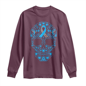 Diabetes Awareness Skull Long Sleeve Shirt Blue Ribbon T1D Support Sugar Skull TS10 Maroon Print Your Wear
