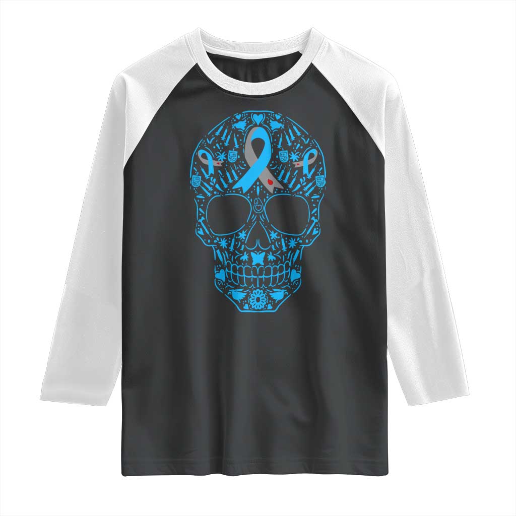 Diabetes Awareness Skull Raglan Shirt Blue Ribbon T1D Support Sugar Skull TS10 Black White Print Your Wear