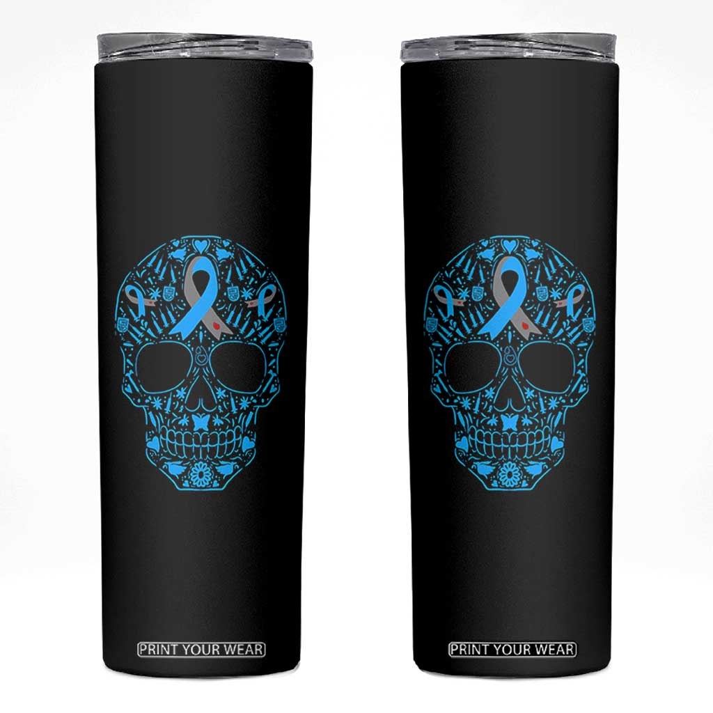 Diabetes Awareness Skull Skinny Tumbler Blue Ribbon T1D Support Sugar Skull TS10 Black Print Your Wear
