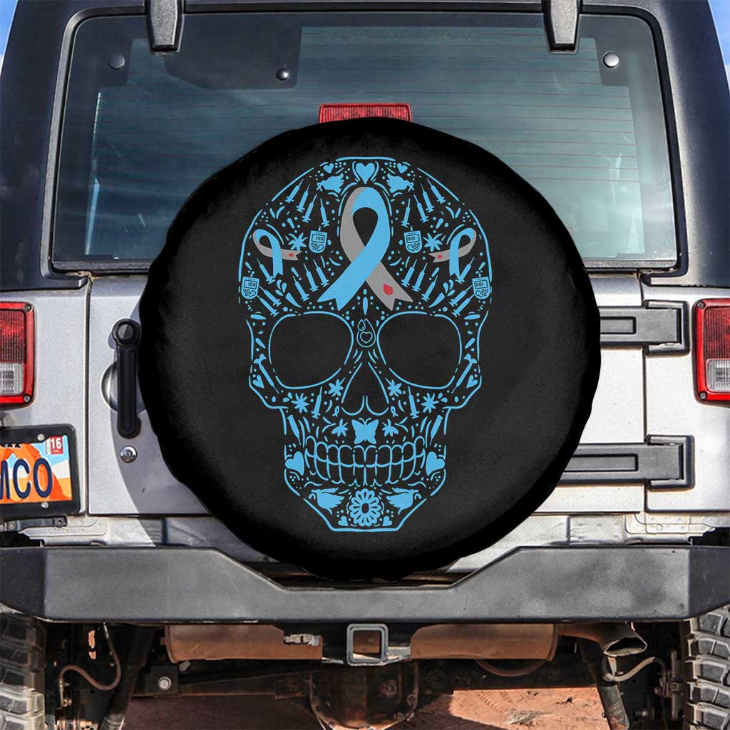 Diabetes Awareness Skull Spare Tire Cover Blue Ribbon T1D Support Sugar Skull TS10 No hole Black Print Your Wear