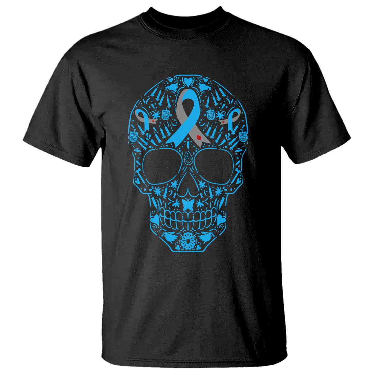 Diabetes Awareness Skull T Shirt Blue Ribbon T1D Support Sugar Skull TS10 Black Print Your Wear