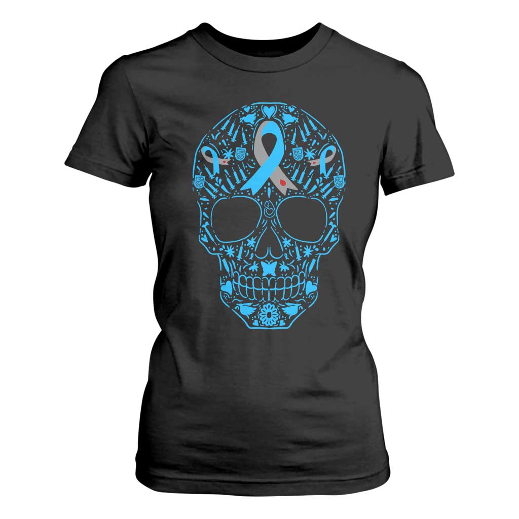 Diabetes Awareness Skull T Shirt For Women Blue Ribbon T1D Support Sugar Skull TS10 Black Print Your Wear