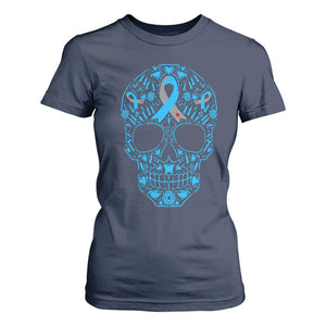 Diabetes Awareness Skull T Shirt For Women Blue Ribbon T1D Support Sugar Skull TS10 Navy Print Your Wear