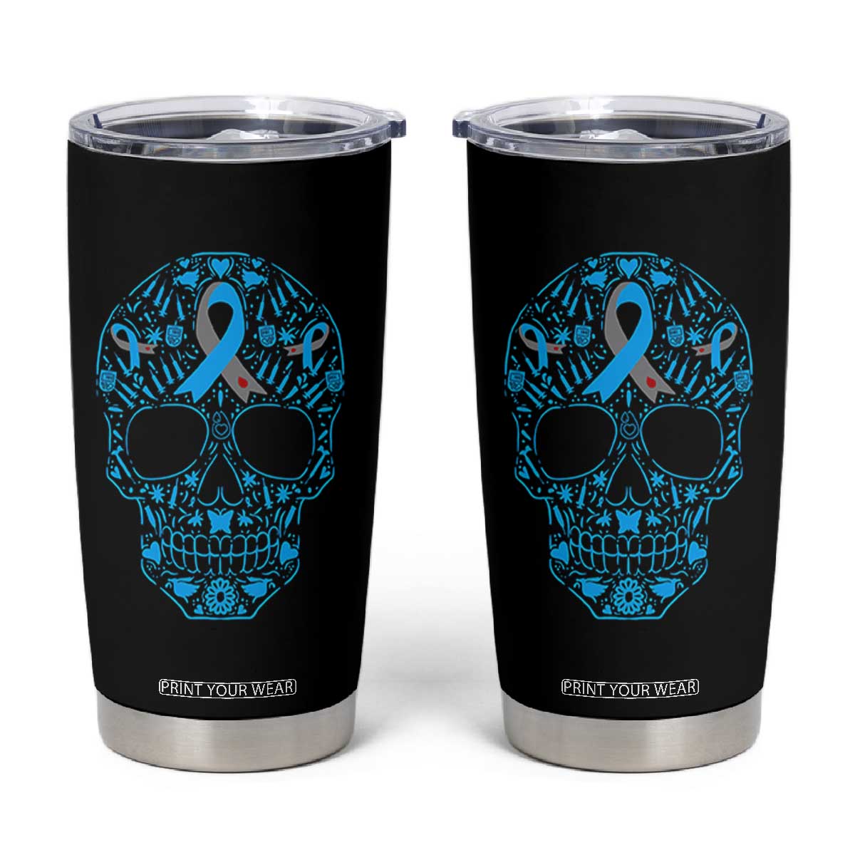 Diabetes Awareness Skull Tumbler Cup Blue Ribbon T1D Support Sugar Skull TS10 Black Print Your Wear