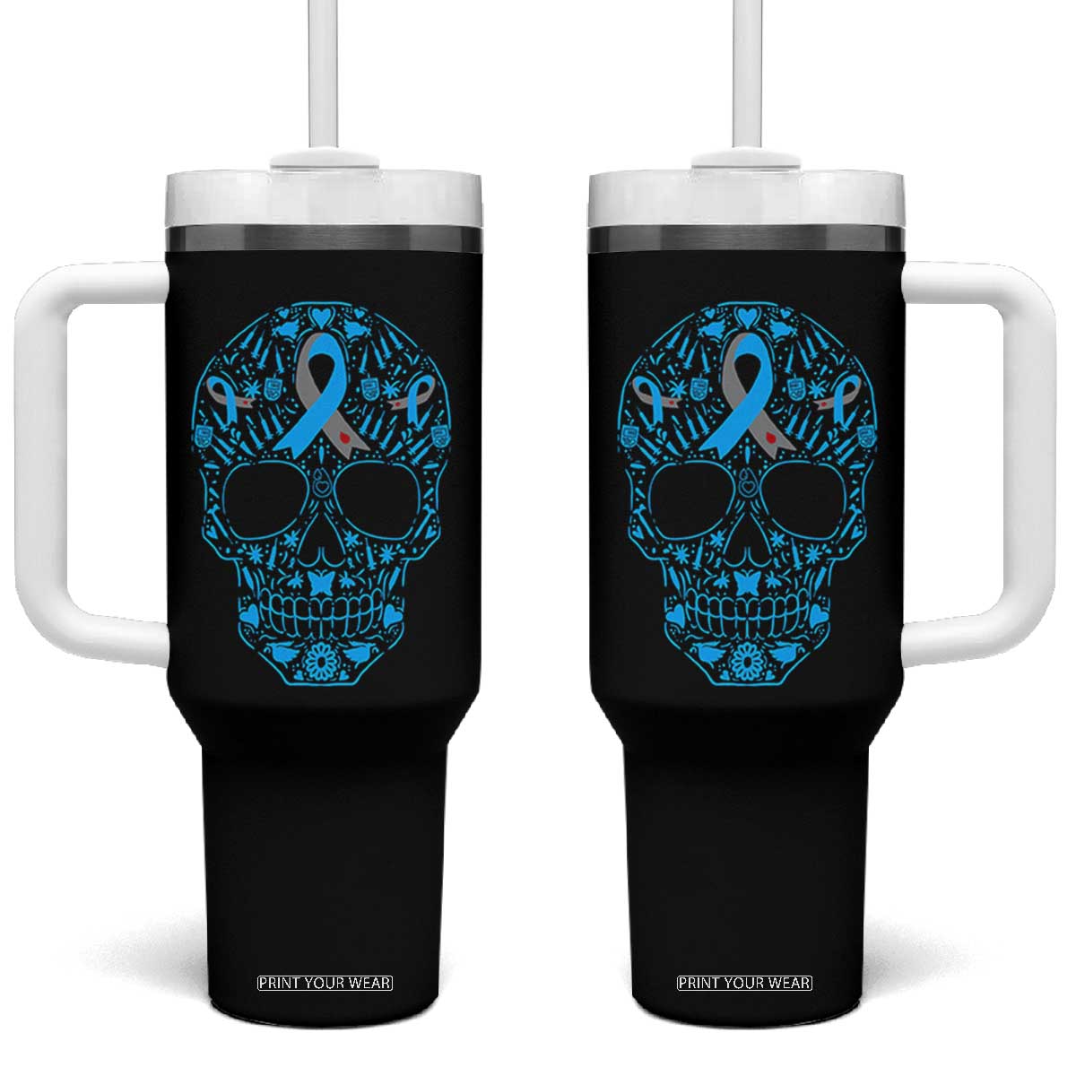 Diabetes Awareness Skull Tumbler With Handle Blue Ribbon T1D Support Sugar Skull - Print Your Wear