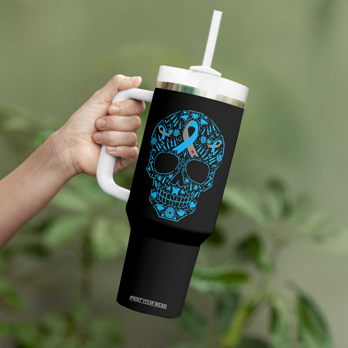 Diabetes Awareness Skull Tumbler With Handle Blue Ribbon T1D Support Sugar Skull TS10 Print Your Wear