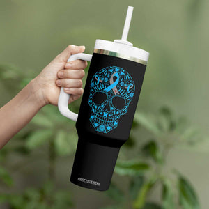 Diabetes Awareness Skull Tumbler With Handle Blue Ribbon T1D Support Sugar Skull TS10 Print Your Wear