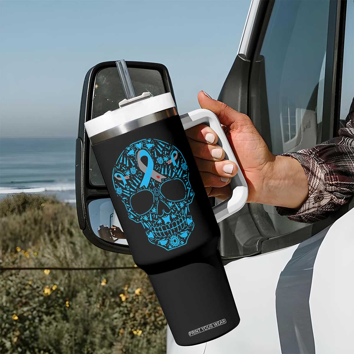 Diabetes Awareness Skull Tumbler With Handle Blue Ribbon T1D Support Sugar Skull TS10 Print Your Wear